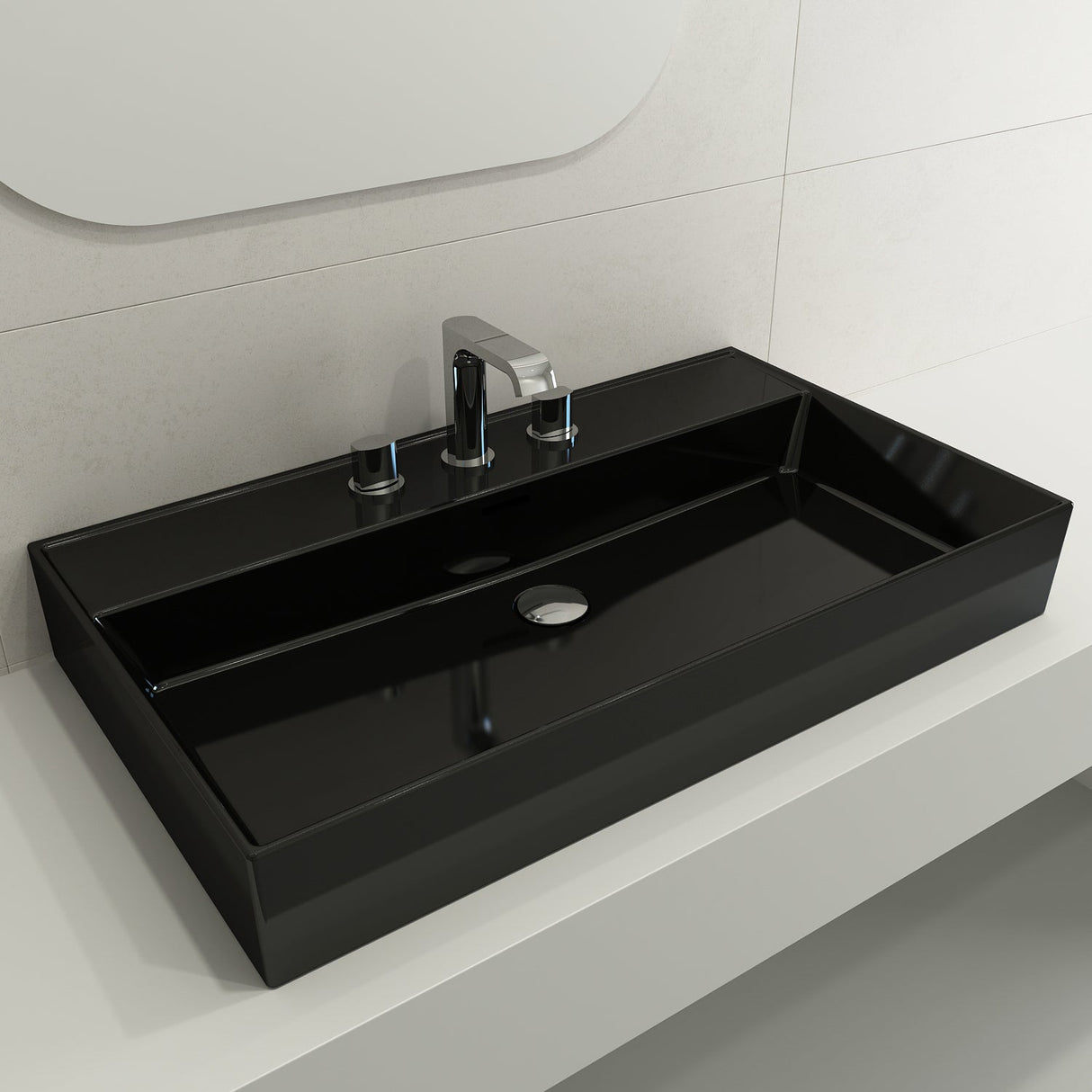 BOCCHI 1377-005-0127 Milano Wall-Mounted Sink Fireclay 32 in. 3-Hole with Overflow in Black
