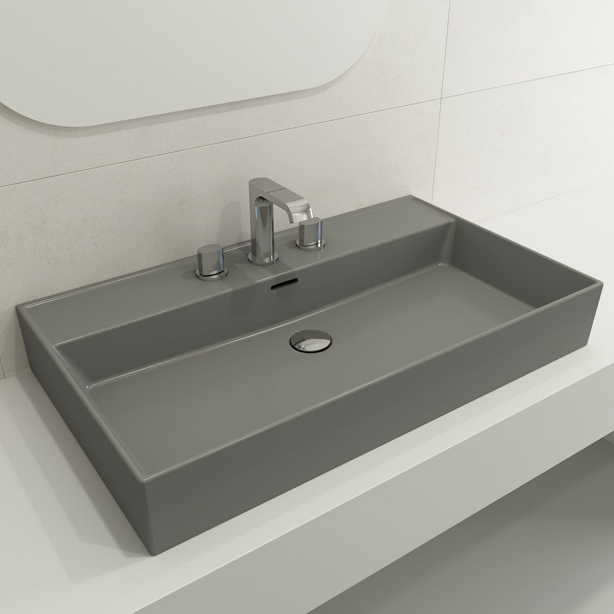BOCCHI 1377-006-0127 Milano Wall-Mounted Sink Fireclay 32 in. 3-Hole with Overflow in Matte Gray