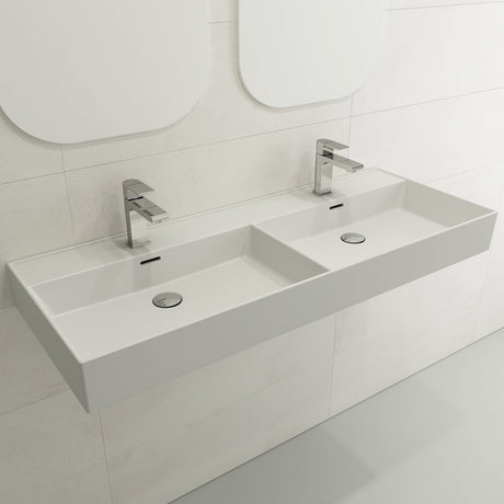 BOCCHI 1393-002-0132 Milano Wall-Mounted Sink Fireclay  47.75 in. Double Bowl for Two 1-Hole Faucets with Overflows in Matte White