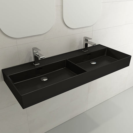 BOCCHI 1393-004-0132 Milano Wall-Mounted Sink Fireclay  47.75 in. Double Bowl for Two 1-Hole Faucets with Overflows in Matte Black
