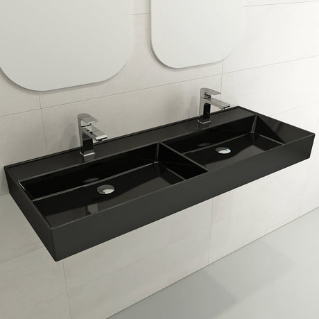 BOCCHI 1393-005-0132 Milano Wall-Mounted Sink Fireclay  47.75 in. Double Bowl for Two 1-Hole Faucets with Overflows in Black
