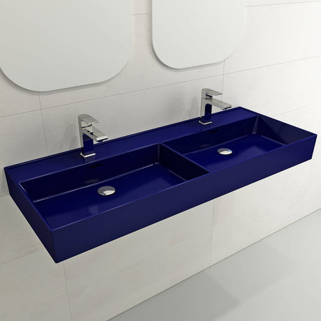 BOCCHI 1393-010-0132 Milano Wall-Mounted Sink Fireclay  47.75 in. Double Bowl for Two 1-Hole Faucets with Overflows in Sapphire Blue