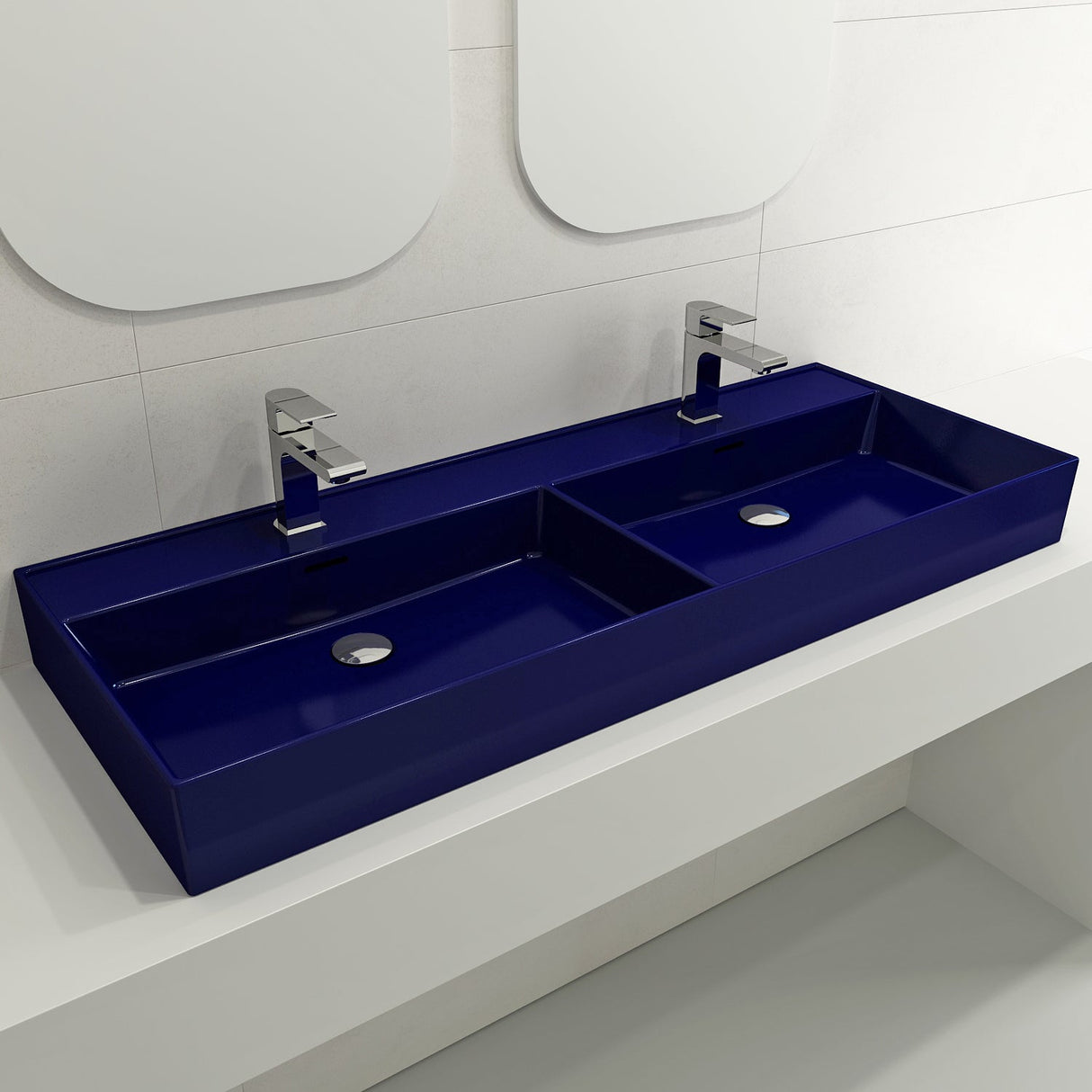 BOCCHI 1393-010-0132 Milano Wall-Mounted Sink Fireclay  47.75 in. Double Bowl for Two 1-Hole Faucets with Overflows in Sapphire Blue