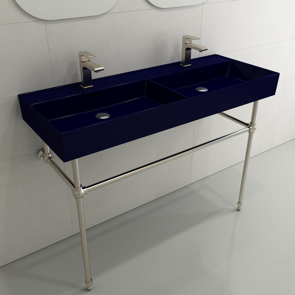 BOCCHI 1393-010-0132 Milano Wall-Mounted Sink Fireclay  47.75 in. Double Bowl for Two 1-Hole Faucets with Overflows in Sapphire Blue