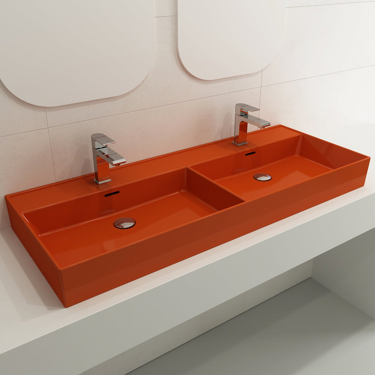BOCCHI 1393-012-0132 Milano Wall-Mounted Sink Fireclay  47.75 in. Double Bowl for Two 1-Hole Faucets with Overflows in Orange