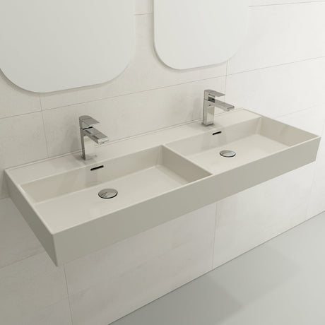 BOCCHI 1393-014-0132 Milano Wall-Mounted Sink Fireclay  47.75 in. Double Bowl for Two 1-Hole Faucets with Overflows in Biscuit