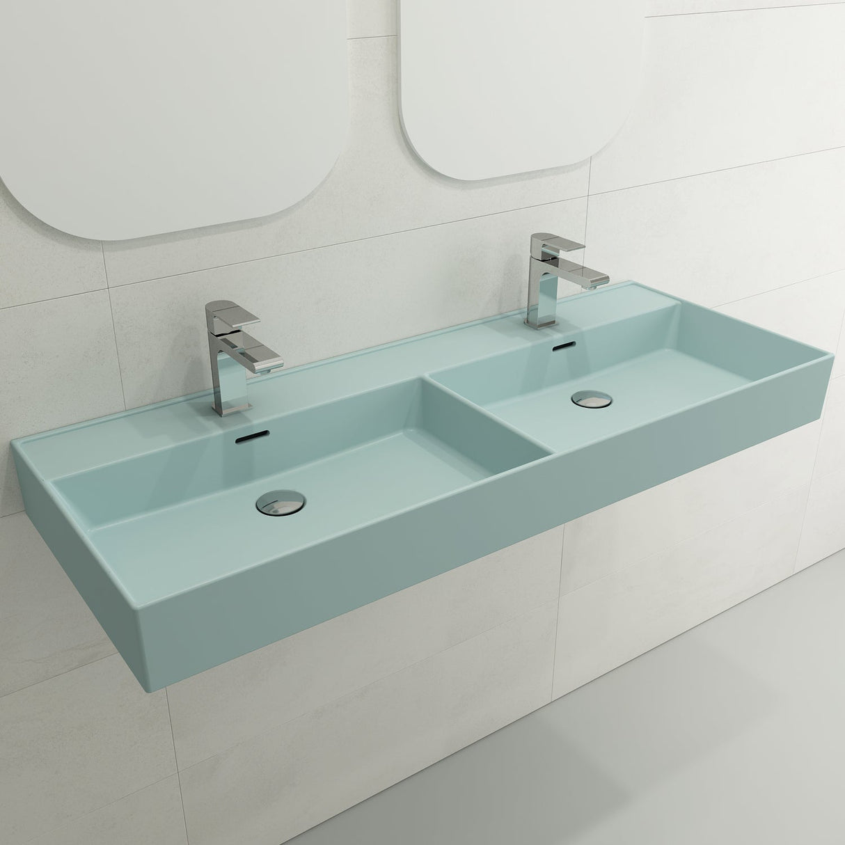 BOCCHI 1393-029-0132 Milano Wall-Mounted Sink Fireclay  47.75 in. Double Bowl for Two 1-Hole Faucets with Overflows in Matte Ice Blue