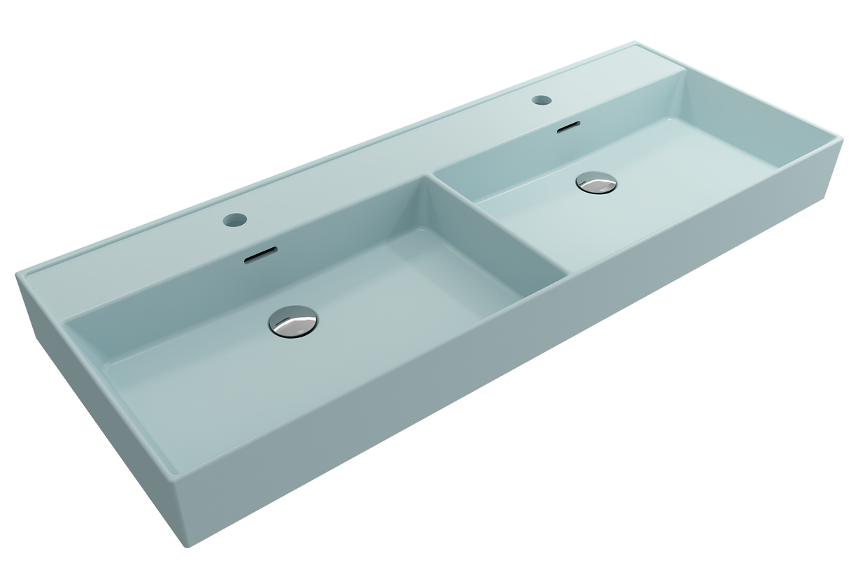 BOCCHI 1393-029-0132 Milano Wall-Mounted Sink Fireclay  47.75 in. Double Bowl for Two 1-Hole Faucets with Overflows in Matte Ice Blue