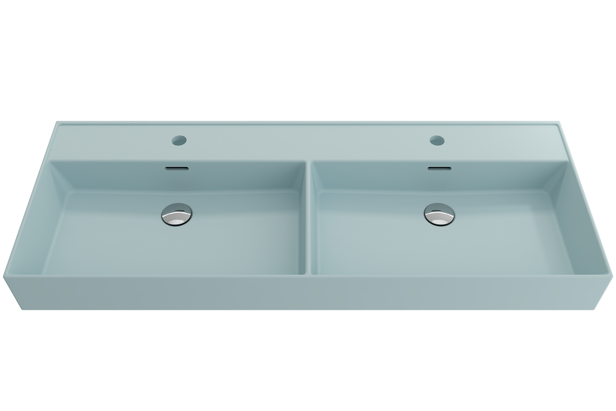 BOCCHI 1393-029-0132 Milano Wall-Mounted Sink Fireclay  47.75 in. Double Bowl for Two 1-Hole Faucets with Overflows in Matte Ice Blue