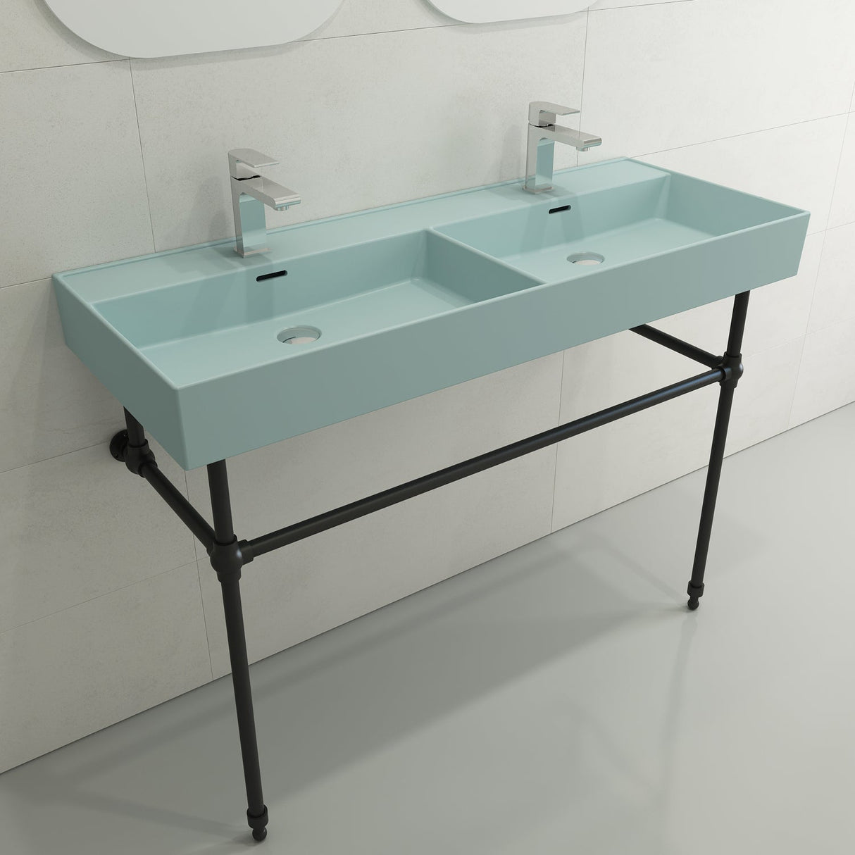 BOCCHI 1393-029-0132 Milano Wall-Mounted Sink Fireclay  47.75 in. Double Bowl for Two 1-Hole Faucets with Overflows in Matte Ice Blue