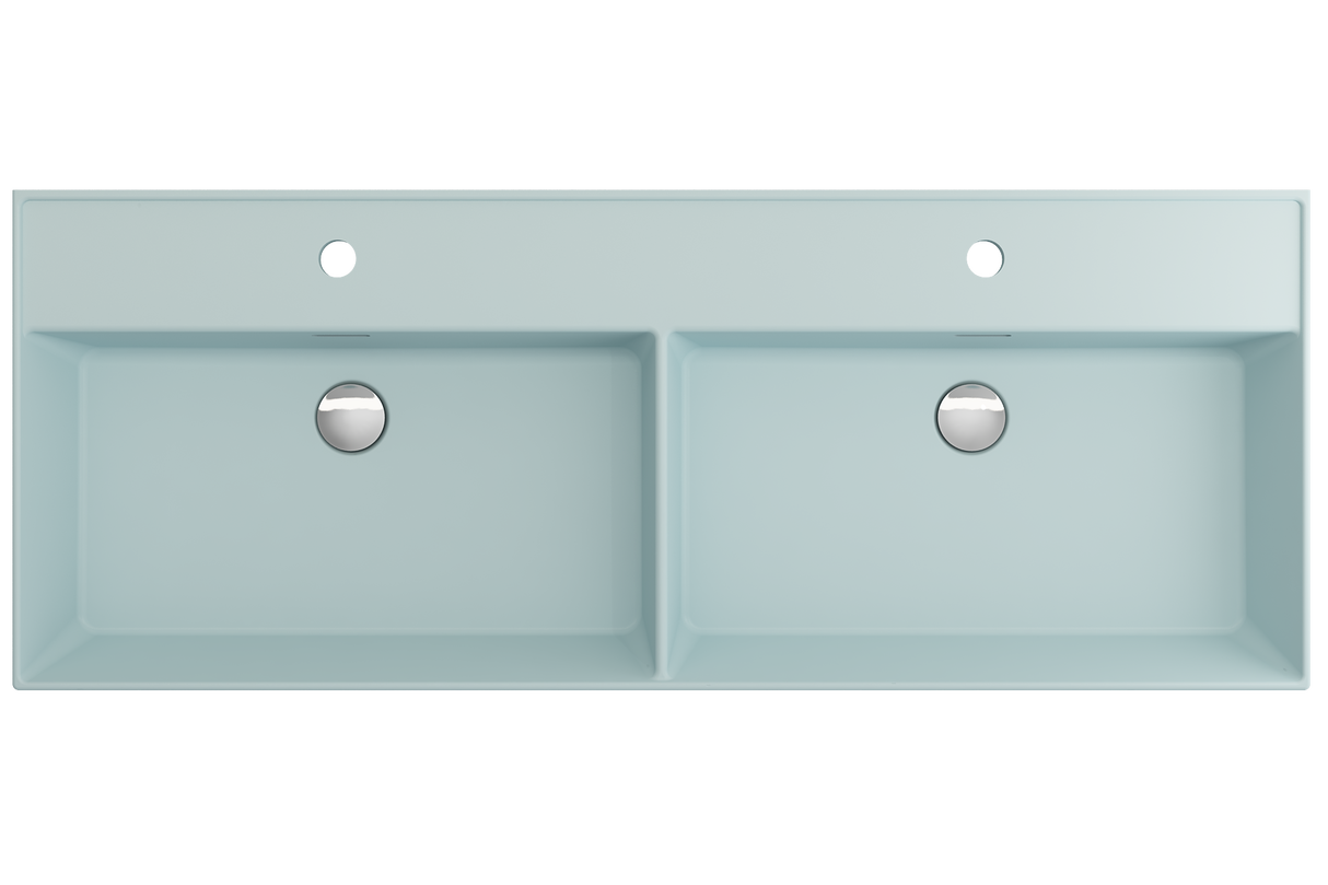 BOCCHI 1393-029-0132 Milano Wall-Mounted Sink Fireclay  47.75 in. Double Bowl for Two 1-Hole Faucets with Overflows in Matte Ice Blue