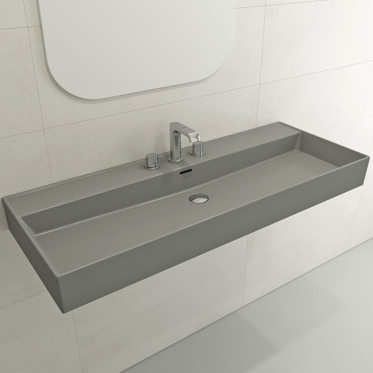 BOCCHI 1394-006-0127 Milano Wall-Mounted Sink Fireclay 47.75 in. 3-Hole with Overflow in Matte Gray