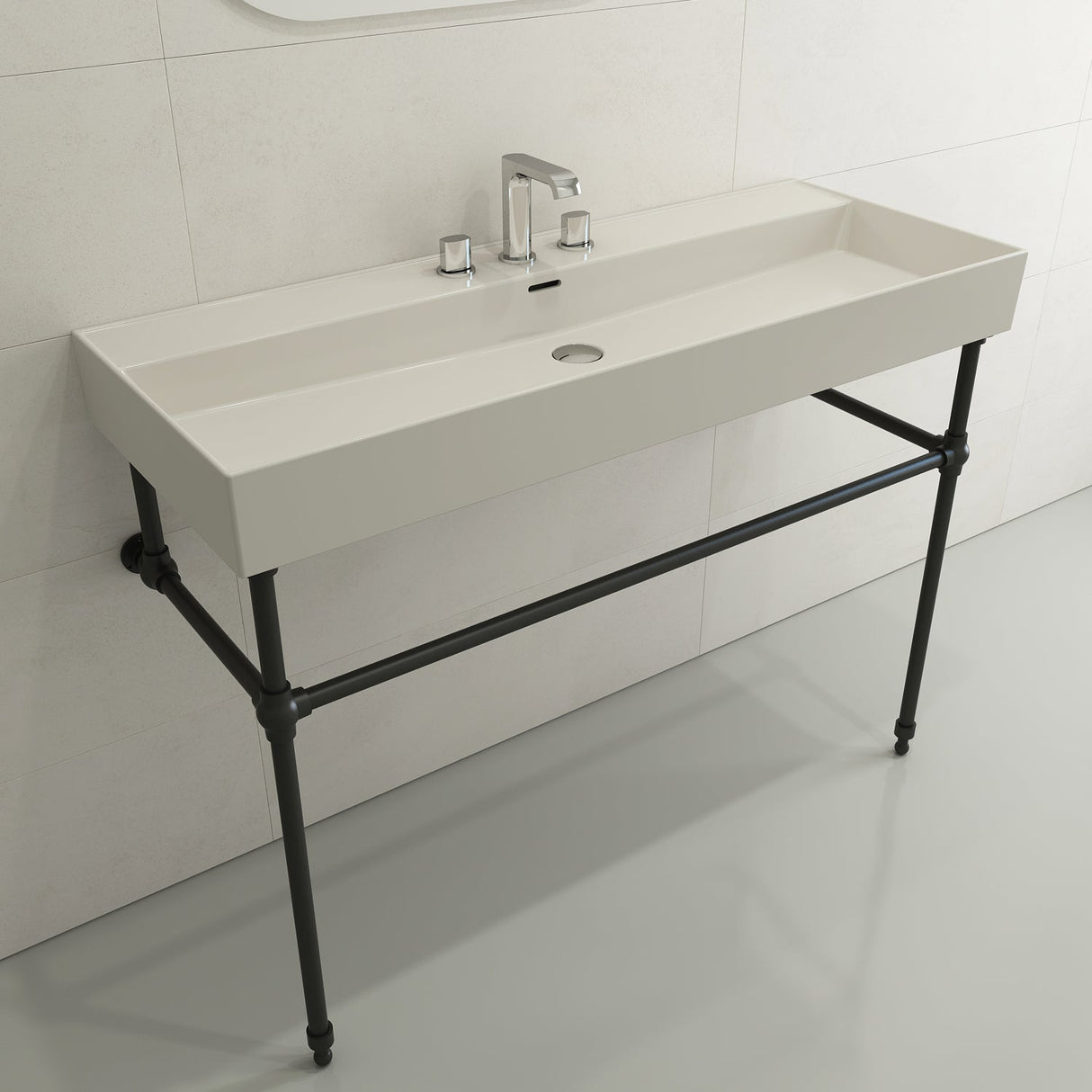 BOCCHI 1394-014-0127 Milano Wall-Mounted Sink Fireclay 47.75 in. 3-Hole with Overflow in Biscuit