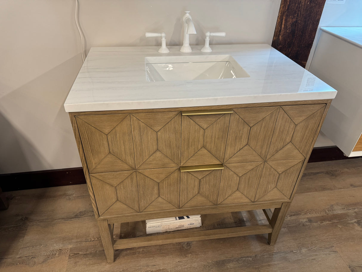 36" Ash Wood Vanity Set with Silestone Quartz Vanity Top Three Hole and White Newport Faucet