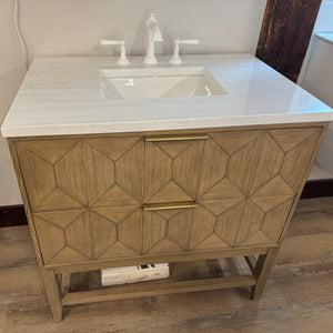 36" Ash Wood Vanity Set with Silestone Quartz Vanity Top Three Hole and White Newport Faucet