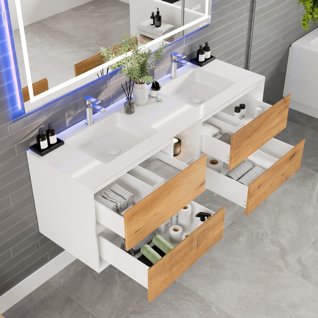 Vienna 60 in. Oak Wall Mount Double Sink  Bath Vanity with Acrylic Top and Integrated Sinks