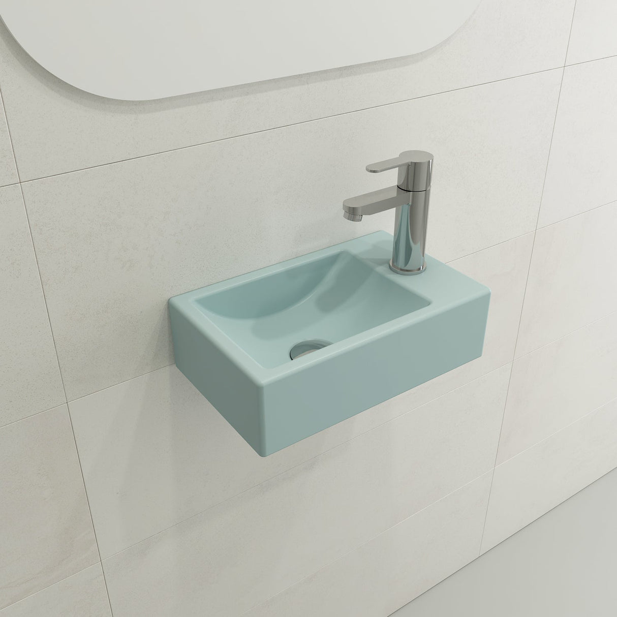 BOCCHI 1419-029-0126 Milano Wall-Mounted Sink Fireclay 14.5 in. 1-hole Right Side Faucet Deck in Matte Ice Blue