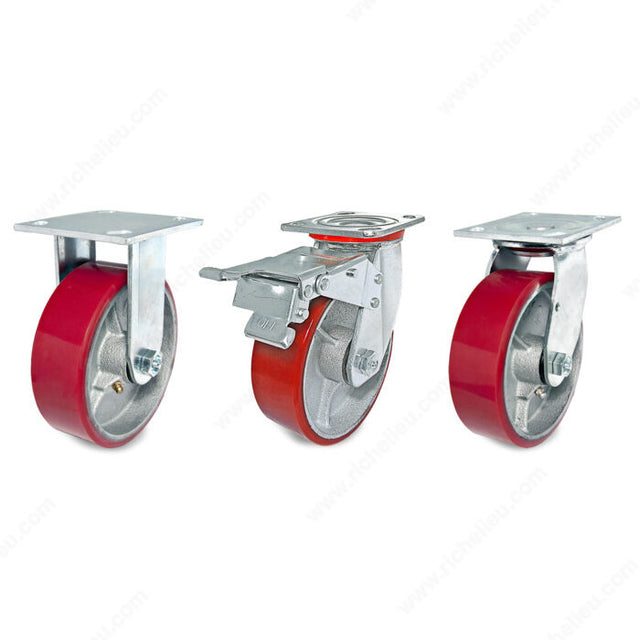 Maxwheels F25104 Red Mold-On Polyurethane Casters on Cast Iron Hub, 661 lb, 3 15/16 in, 5 1/2 in, Swivel Without Brake