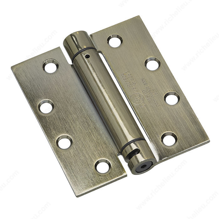 Richelieu 5823ABB1 4 1/2" Full Mortise Adjustable Spring Hinge, Antique Brass, 4 in, Square, 1/8 in, Onward, UL / 1