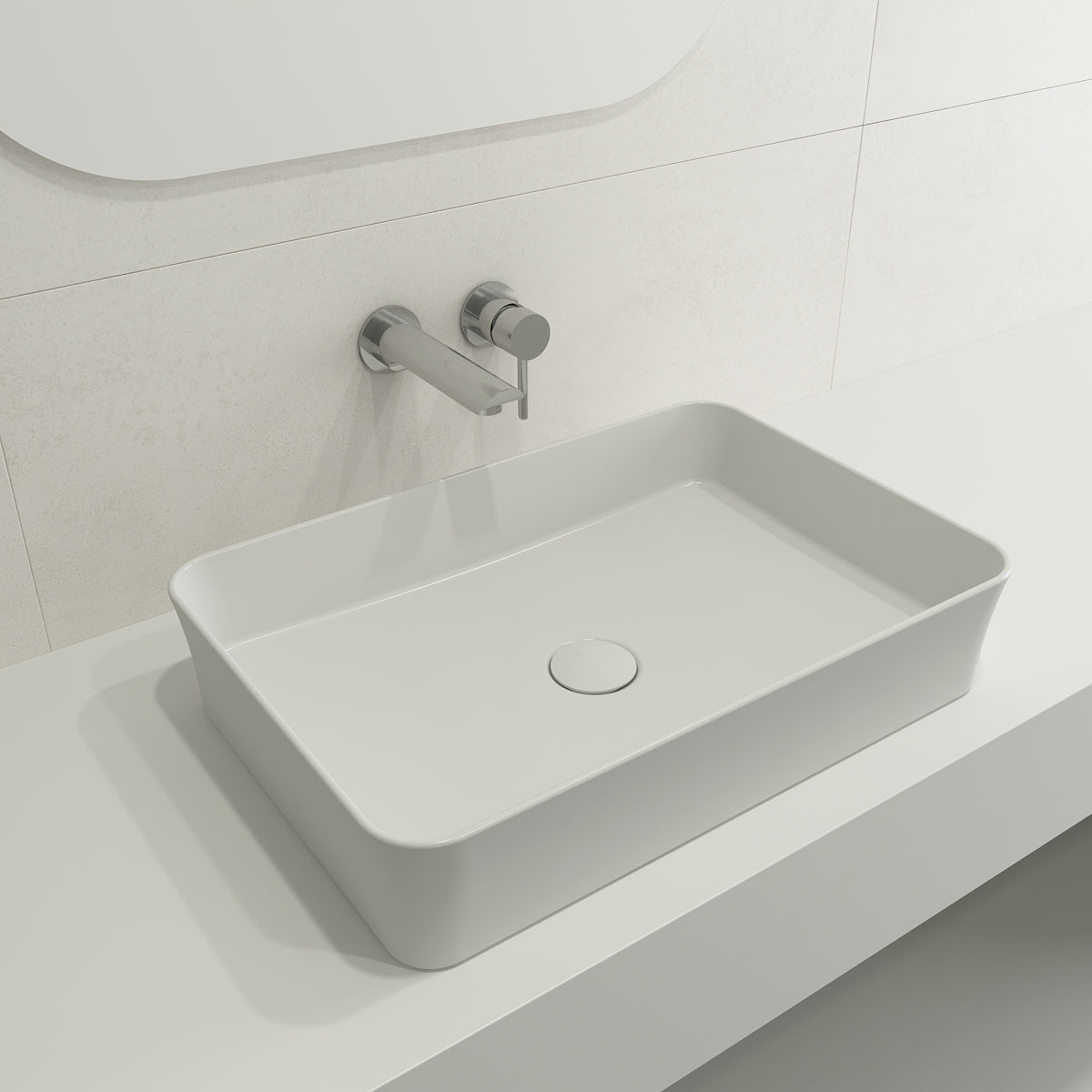 BOCCHI 1476-002-0125 Sottile Rectangle Vessel Fireclay 21.5 in. with Matching Drain Cover in Matte White