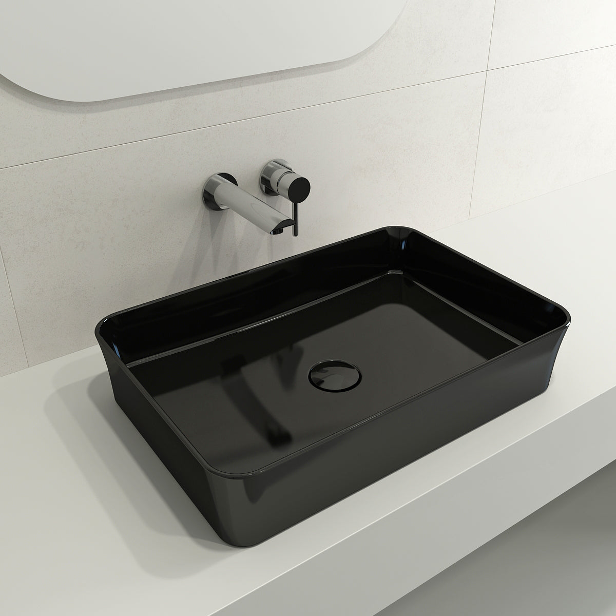 BOCCHI 1476-005-0125 Sottile Rectangle Vessel Fireclay 21.5 in. with Matching Drain Cover in Black