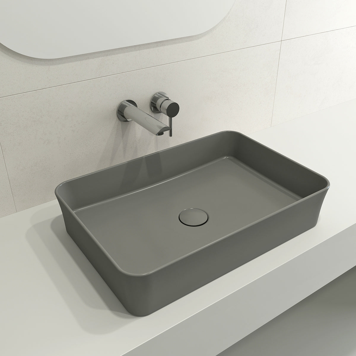 BOCCHI 1476-006-0125 Sottile Rectangle Vessel Fireclay 21.5 in. with Matching Drain Cover in Matte Gray