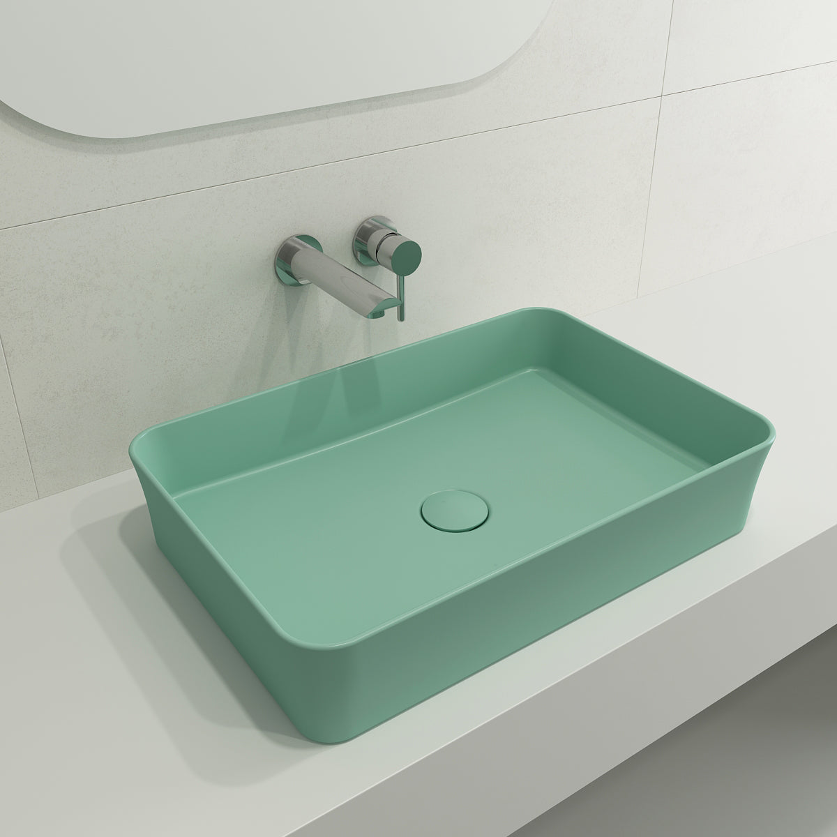 BOCCHI 1476-033-0125 Sottile Rectangle Vessel Fireclay 21.5 in. with Matching Drain Cover in Matte Mint Green