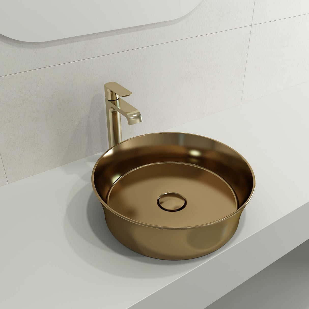 BOCCHI 1478-403-0125 Sottile Round Vessel Fireclay 15 in. with Matching Drain Cover in Matte Gold