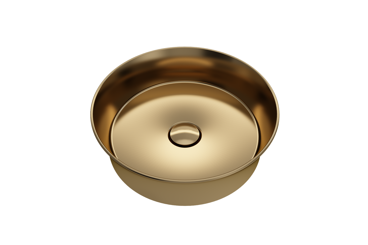 BOCCHI 1478-403-0125 Sottile Round Vessel Fireclay 15 in. with Matching Drain Cover in Matte Gold