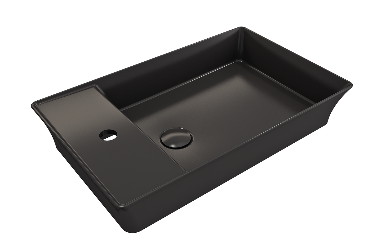 BOCCHI 1479-004-0126 Sottile Rectangle Vessel Fireclay 23.5 in. 1-Hole Faucet Deck with Matching Drain Cover in Matte Black