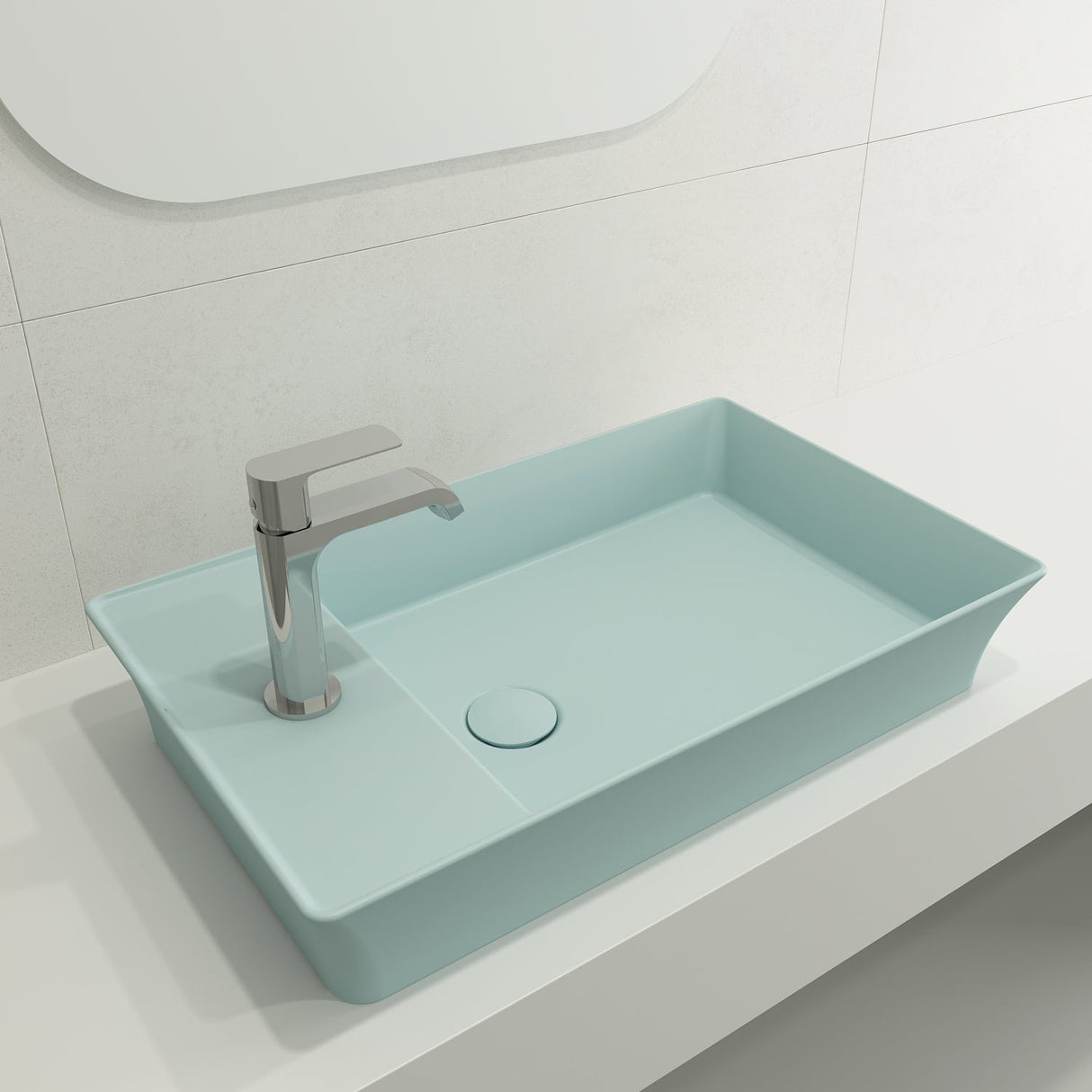 BOCCHI 1479-029-0126 Sottile Rectangle Vessel Fireclay 23.5 in. 1-Hole Faucet Deck with Matching Drain Cover in Matte Ice Blue