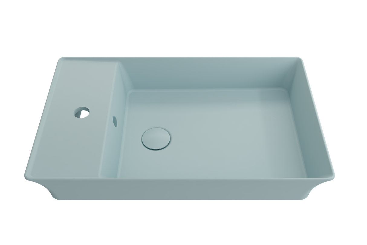 BOCCHI 1479-029-0126 Sottile Rectangle Vessel Fireclay 23.5 in. 1-Hole Faucet Deck with Matching Drain Cover in Matte Ice Blue