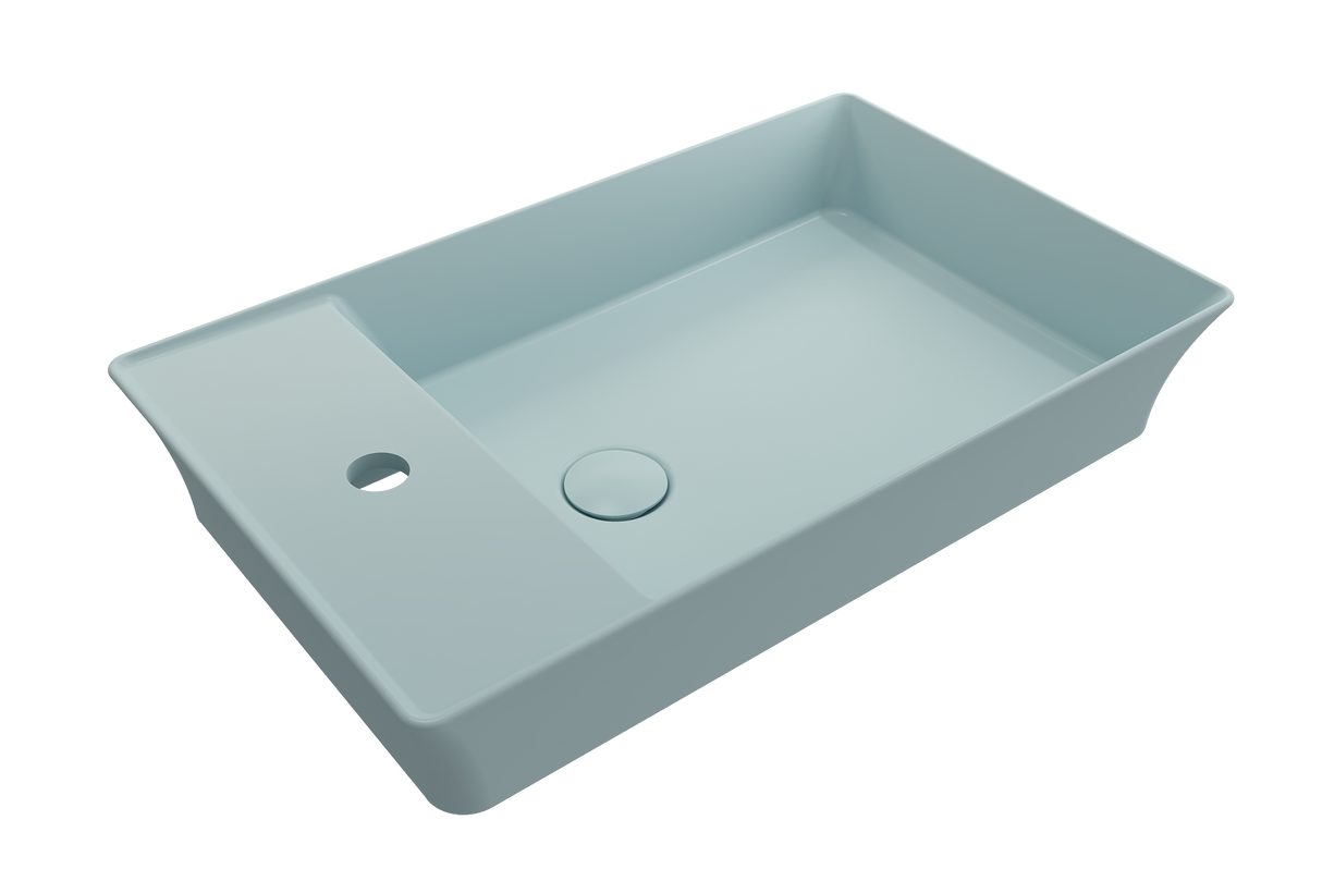 BOCCHI 1479-029-0126 Sottile Rectangle Vessel Fireclay 23.5 in. 1-Hole Faucet Deck with Matching Drain Cover in Matte Ice Blue