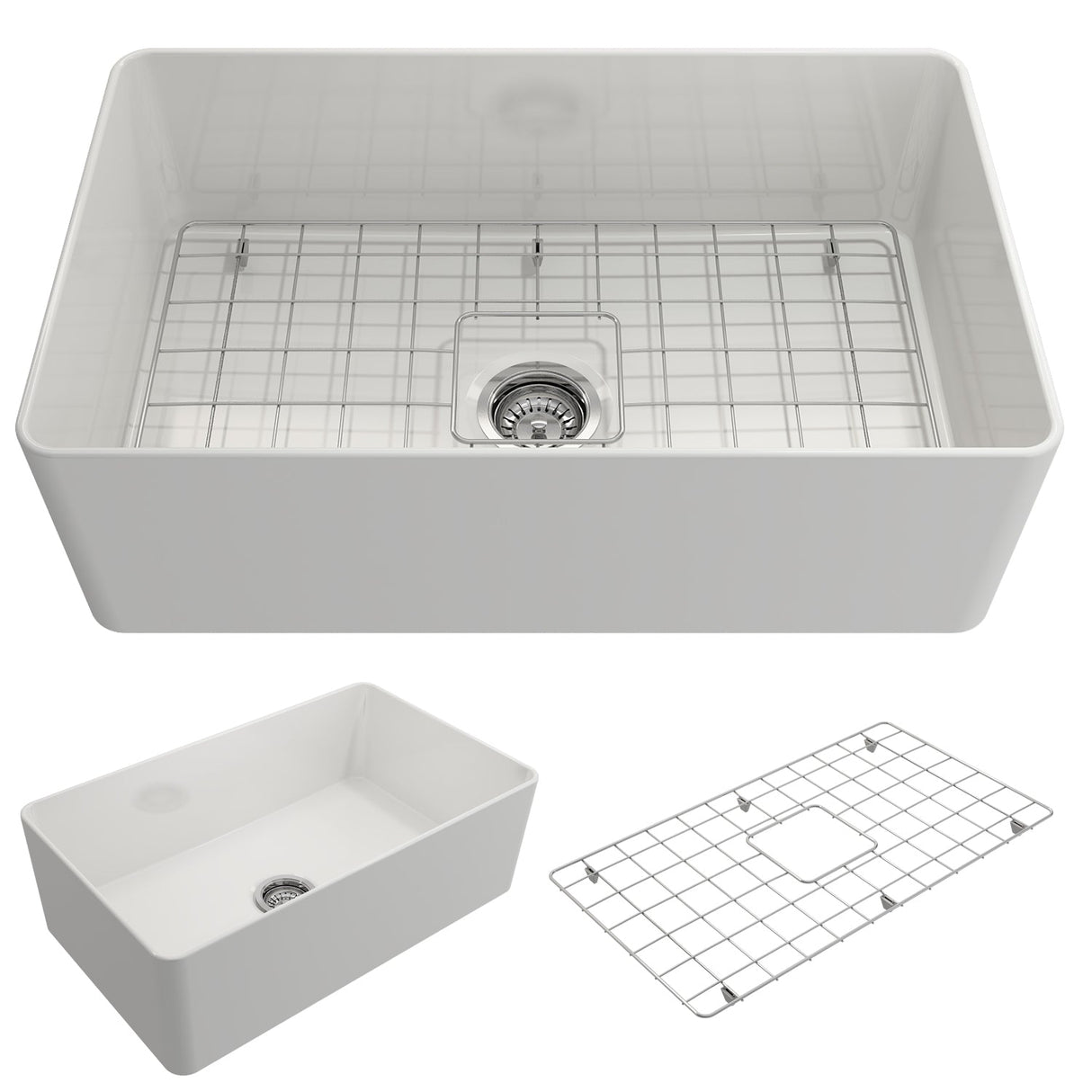 BOCCHI 1481-001-0120 Aderci Ultra-Slim Farmhouse Apron Front Fireclay 30 in. Single Bowl Kitchen Sink with Protective Bottom Grid and Strainer in White