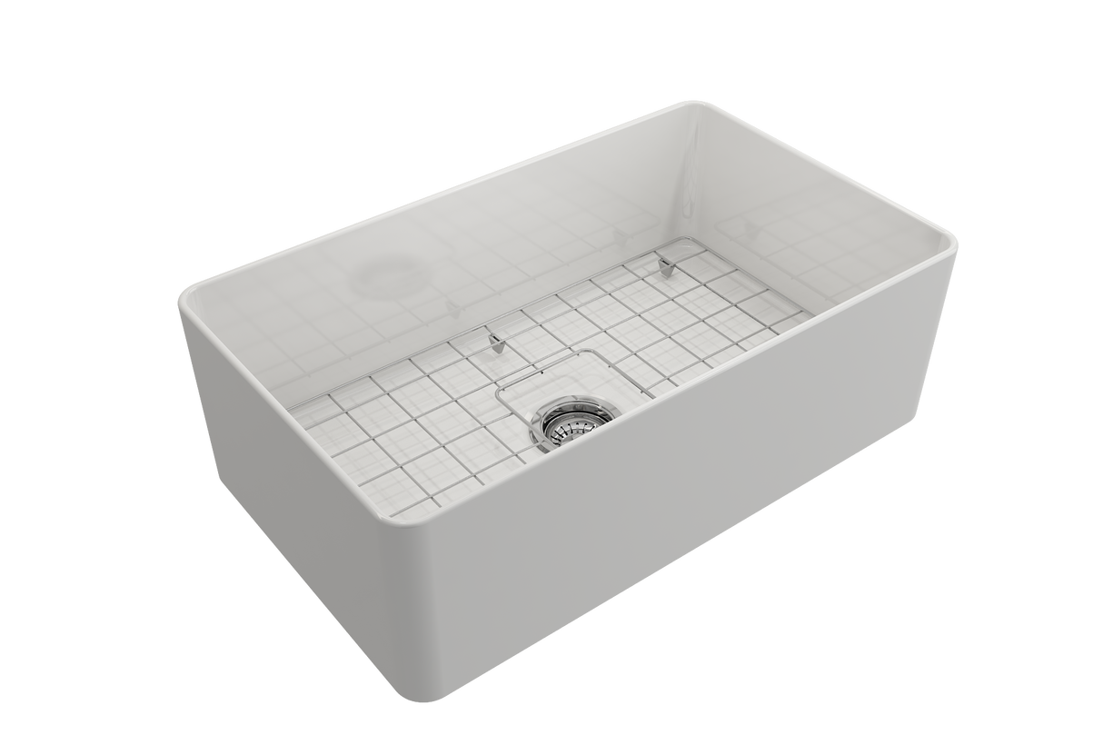 BOCCHI 1481-001-0120 Aderci Ultra-Slim Farmhouse Apron Front Fireclay 30 in. Single Bowl Kitchen Sink with Protective Bottom Grid and Strainer in White