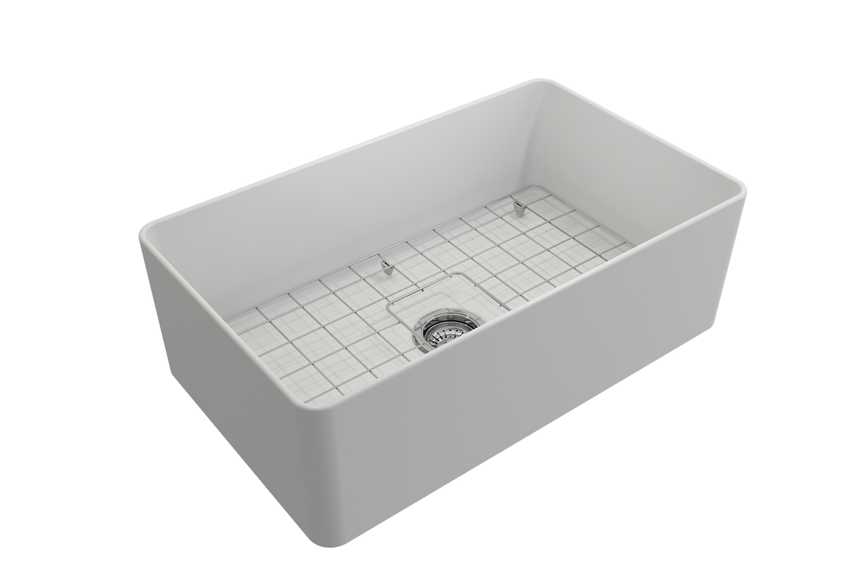 BOCCHI 1481-002-0120 Aderci Ultra-Slim Farmhouse Apron Front Fireclay 30 in. Single Bowl Kitchen Sink with Protective Bottom Grid and Strainer in Matte White