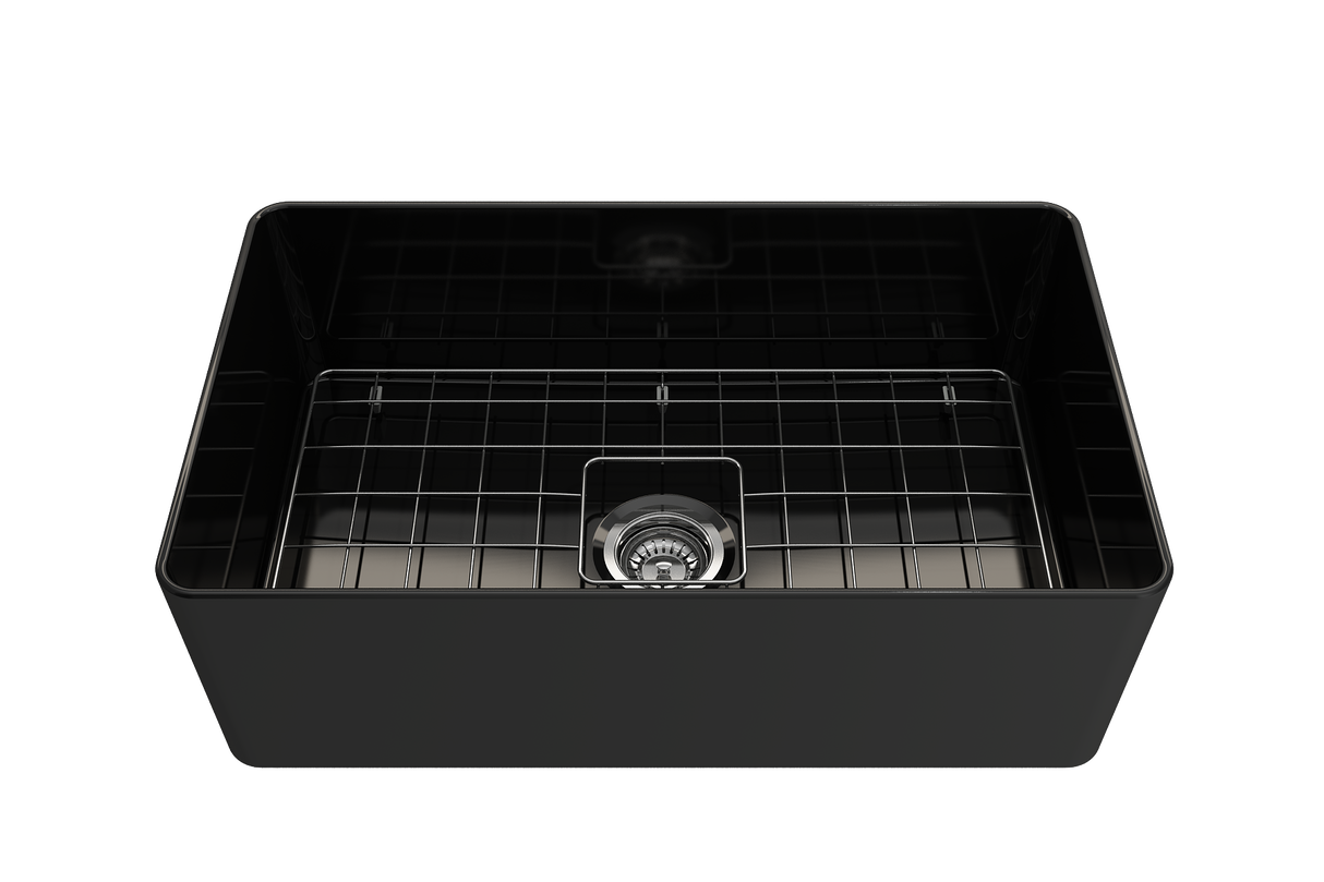 BOCCHI 1481-005-0120 Aderci Ultra-Slim Farmhouse Apron Front Fireclay 30 in. Single Bowl Kitchen Sink with Protective Bottom Grid and Strainer in Black