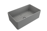 BOCCHI 1481-006-0120 Aderci Ultra-Slim Farmhouse Apron Front Fireclay 30 in. Single Bowl Kitchen Sink with Protective Bottom Grid and Strainer in Matte Gray