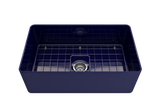 BOCCHI 1481-010-0120 Aderci Ultra-Slim Farmhouse Apron Front Fireclay 30 in. Single Bowl Kitchen Sink with Protective Bottom Grid and Strainer in Sapphire Blue