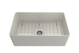 BOCCHI 1481-014-0120 Aderci Ultra-Slim Farmhouse Apron Front Fireclay 30 in. Single Bowl Kitchen Sink with Protective Bottom Grid and Strainer in Biscuit