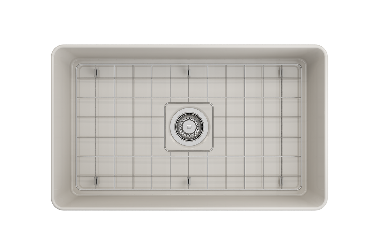 BOCCHI 1481-014-0120 Aderci Ultra-Slim Farmhouse Apron Front Fireclay 30 in. Single Bowl Kitchen Sink with Protective Bottom Grid and Strainer in Biscuit