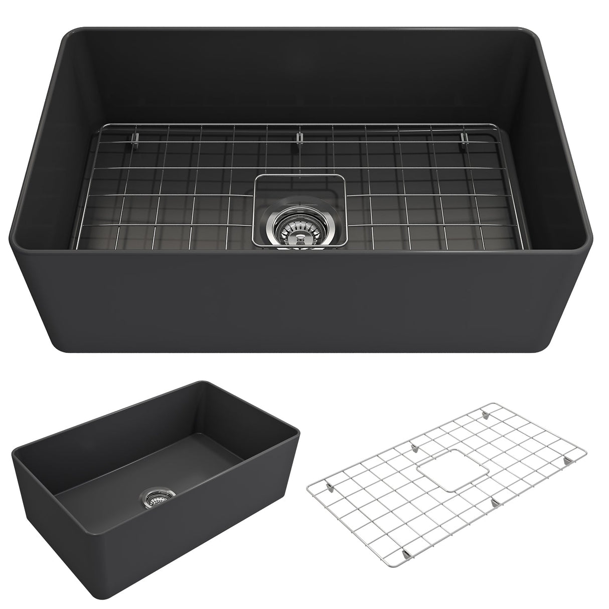 BOCCHI 1481-020-0120 Aderci Ultra-Slim Farmhouse Apron Front Fireclay 30 in. Single Bowl Kitchen Sink with Protective Bottom Grid and Strainer in Matte Dark Gray