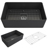 BOCCHI 1481-025-0120 Aderci Ultra-Slim Farmhouse Apron Front Fireclay 30 in. Single Bowl Kitchen Sink with Protective Bottom Grid and Strainer in Matte Brown