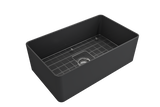 BOCCHI 1481-020-0120 Aderci Ultra-Slim Farmhouse Apron Front Fireclay 30 in. Single Bowl Kitchen Sink with Protective Bottom Grid and Strainer in Matte Dark Gray