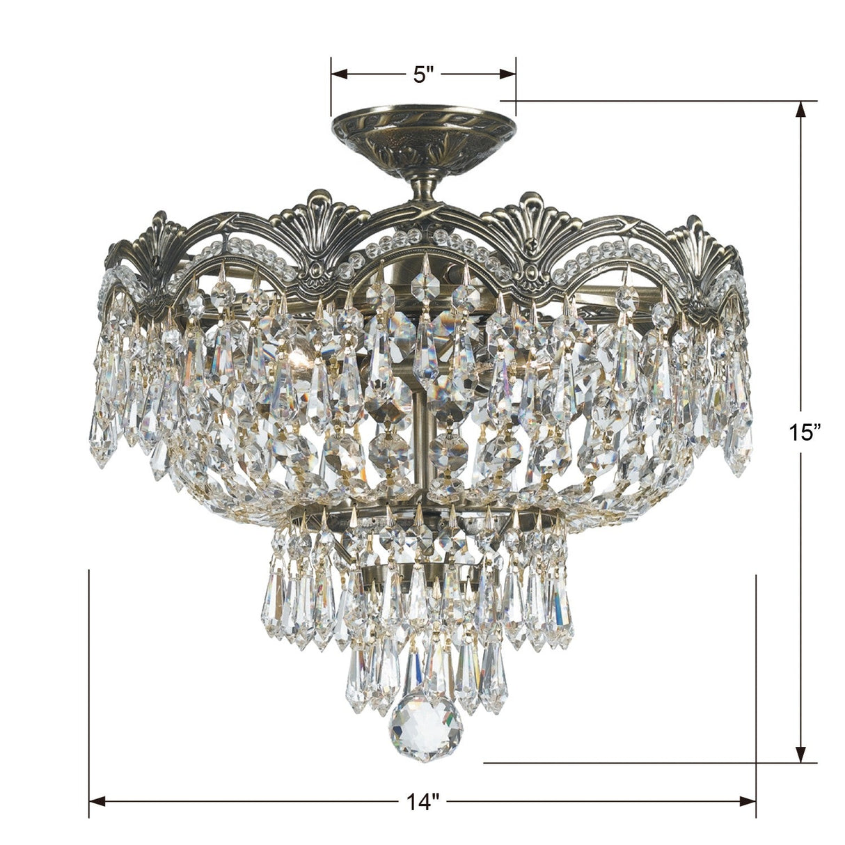 Majestic 3 Light Clear Italian Crystal Historic Brass Semi Flush Mount 1483-HB-CL-I