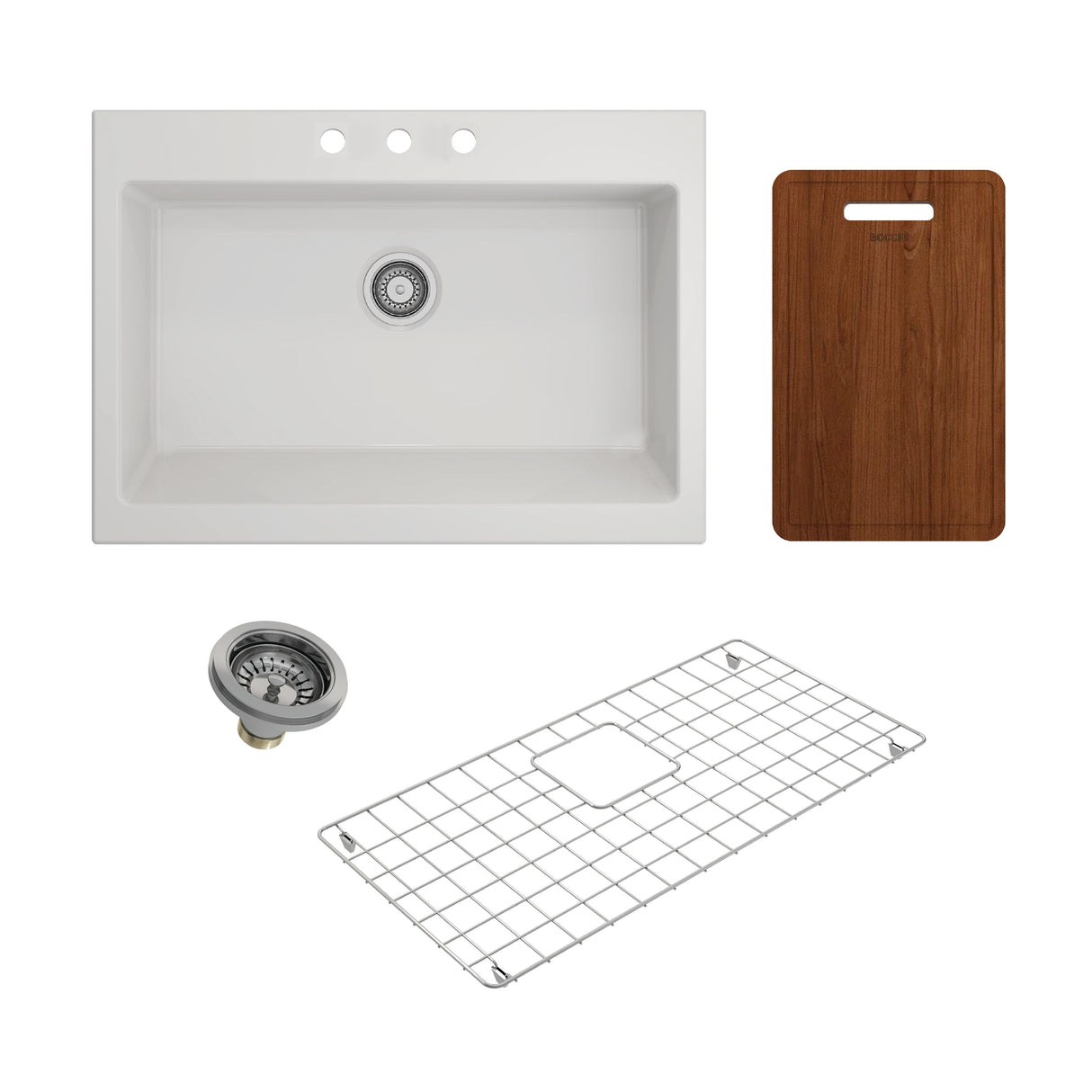 BOCCHI 1500-001-KIT1 Kit: 1500 Nuova Apron Front Drop-In Fireclay 34 in. Single Bowl Kitchen Sink with Protective Bottom Grid and Strainer & Cutting Board