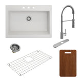 BOCCHI 1500-001-2020CH Kit: 1500 Nuova Apron Front Drop-In Fireclay 34 in. Single Bowl Kitchen Sink with Protective Bottom Grid and Strainer & Cutting Board w/ Livenza 2.0 Faucet