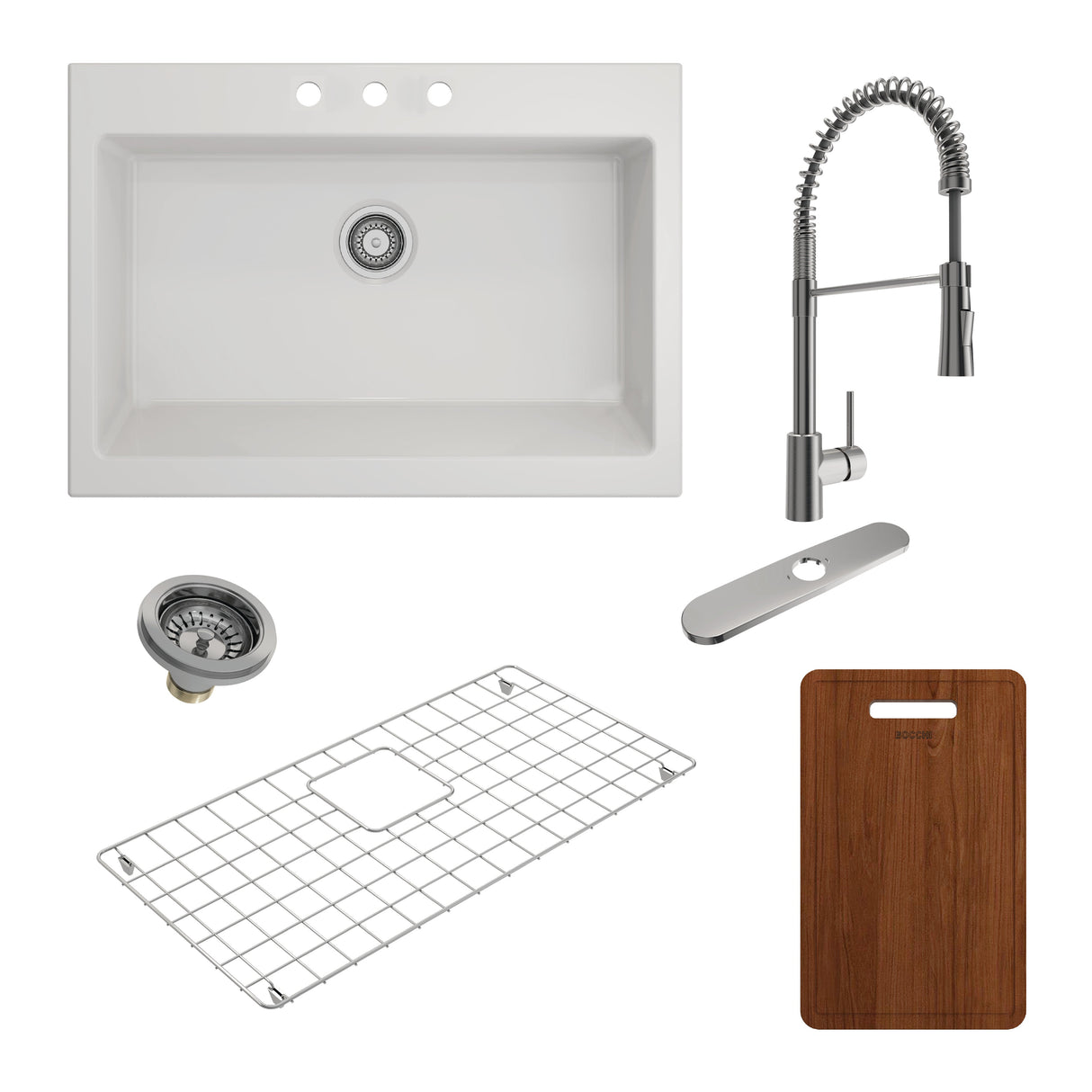 BOCCHI 1500-001-2020SS Kit: 1500 Nuova Apron Front Drop-In Fireclay 34 in. Single Bowl Kitchen Sink with Protective Bottom Grid and Strainer & Cutting Board w/ Livenza 2.0 Faucet