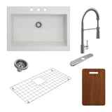 BOCCHI 1500-001-2020SS Kit: 1500 Nuova Apron Front Drop-In Fireclay 34 in. Single Bowl Kitchen Sink with Protective Bottom Grid and Strainer & Cutting Board w/ Livenza 2.0 Faucet