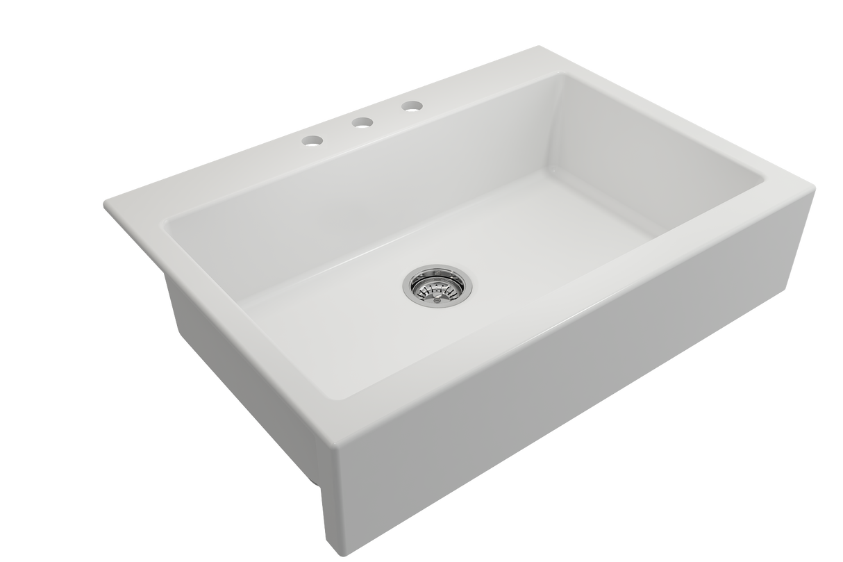 BOCCHI 1500-002-0127 Nuova Apron Front Drop-In Fireclay 34 in. Single Bowl Kitchen Sink with Protective Bottom Grid and Strainer in Matte White